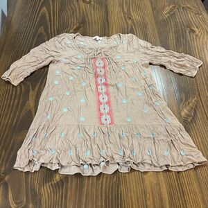 UMGEE Womens Small Embroidered Boho Tunic Top Brown Blue Red Peasant Crinkle